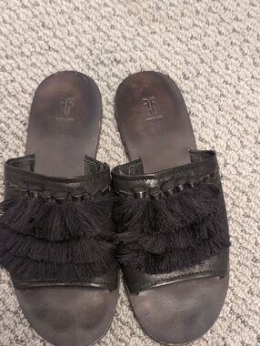 Frye Black Leather Tassel Slide Mules